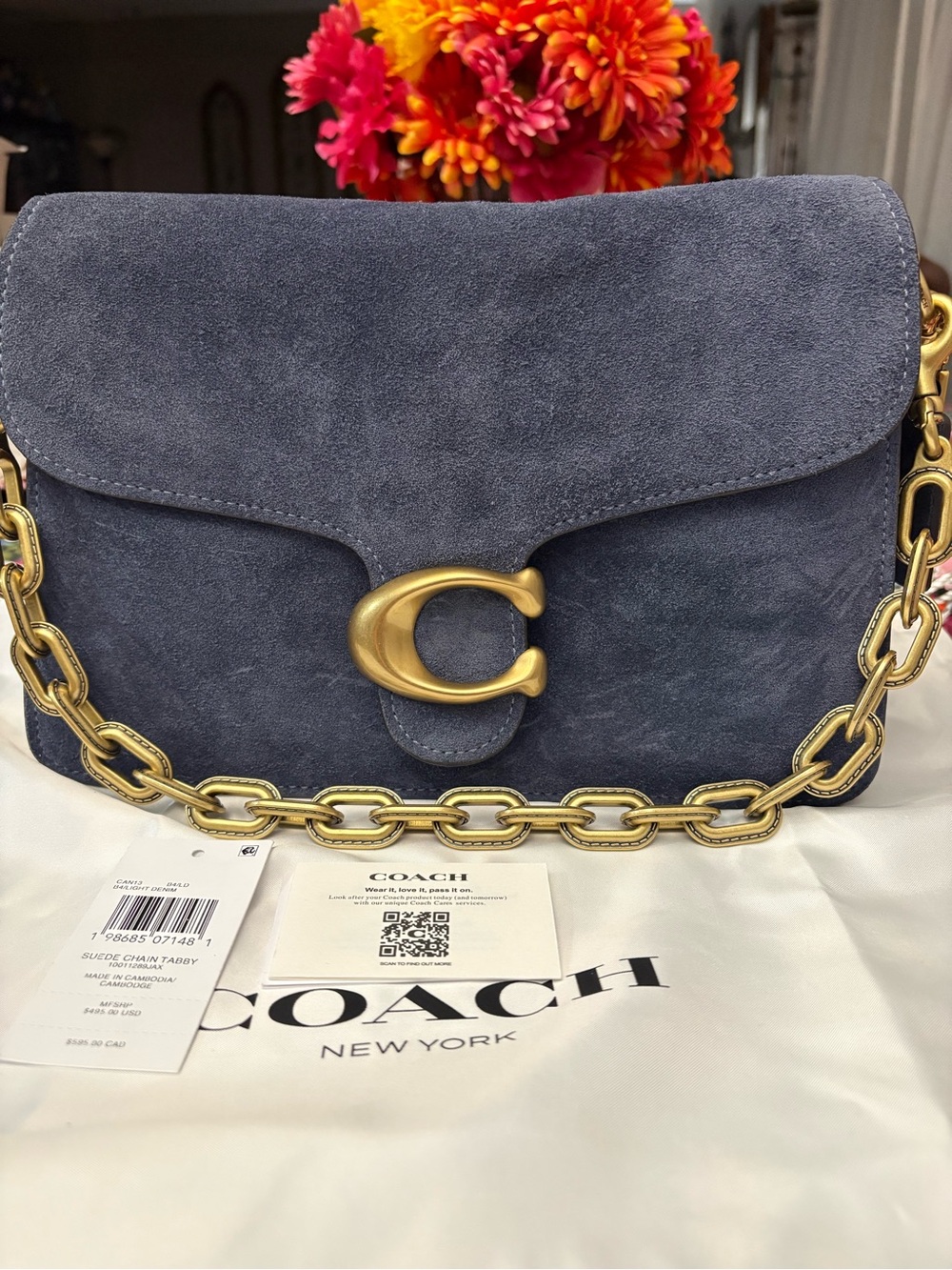 Coach Suede Chain Tabby Shoulder Bag in Navy with Gold Hardware